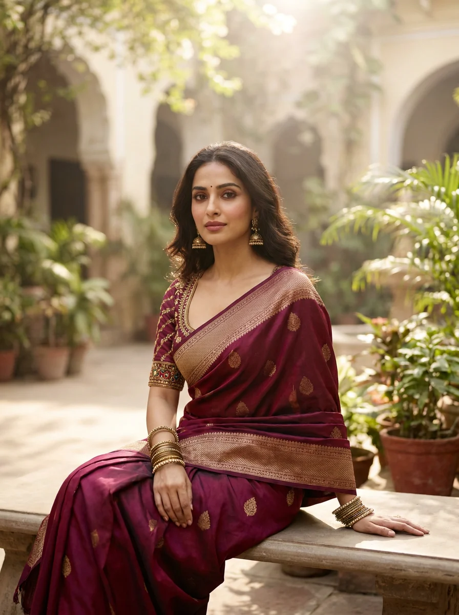 Indian ethnic saree and tailored blouse craftsmanship in deep maroon and antique gold