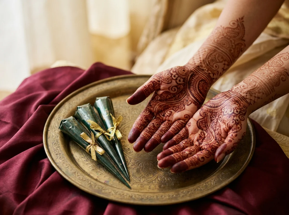Intricate traditional Indian mehendi henna artistry on hands alongside handcrafted mehendi cones