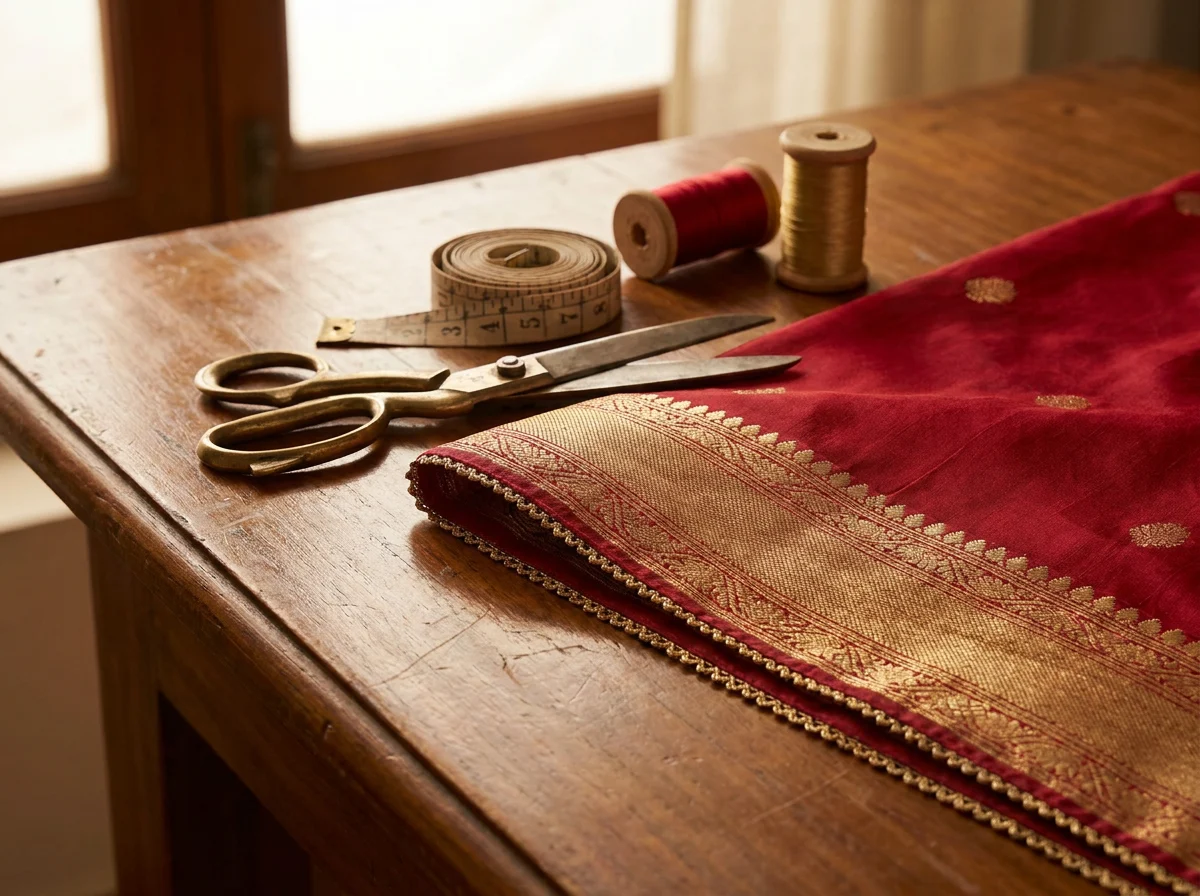 Close-up of intricately woven gold and crimson Indian saree pallu border with neat pico hem finishing